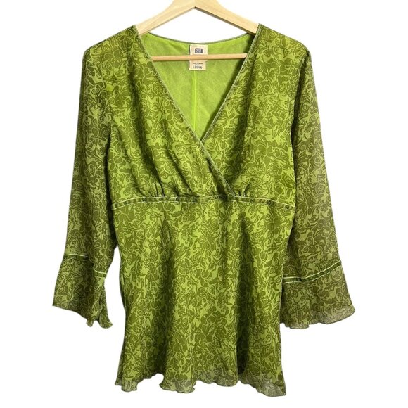 Vintage Floral Babydoll Blouse Green Large Y2K Whimsygoth Fairy Grunge Boho - Picture 1 of 12